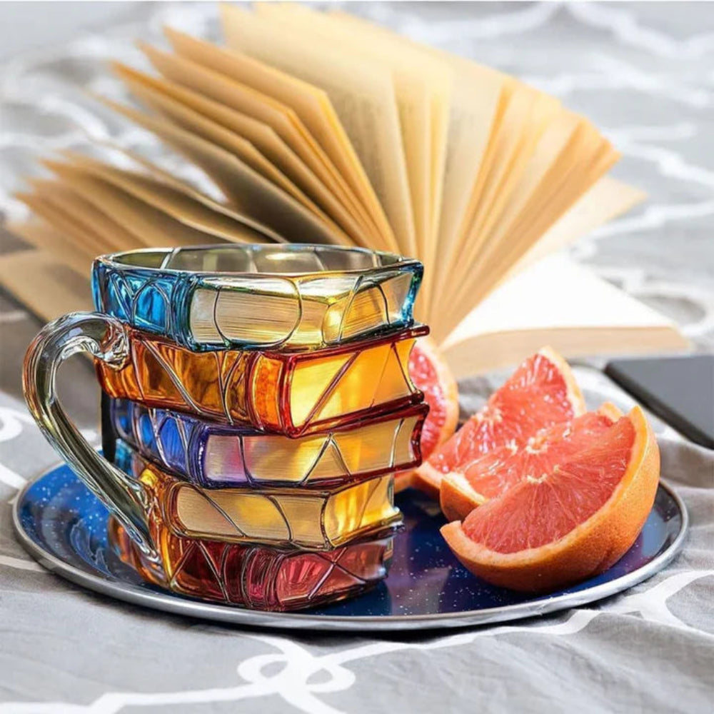 BiblioBrew | Glass Coffee Mug with Book Spine Design for Readers