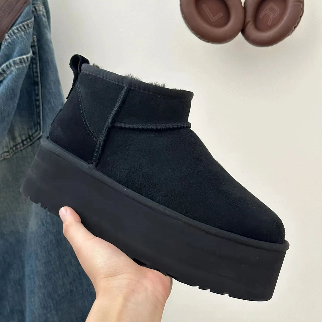 Black Ultra Mini Boots for Women – Cozy Platform Ankle Booties with Fur Lining