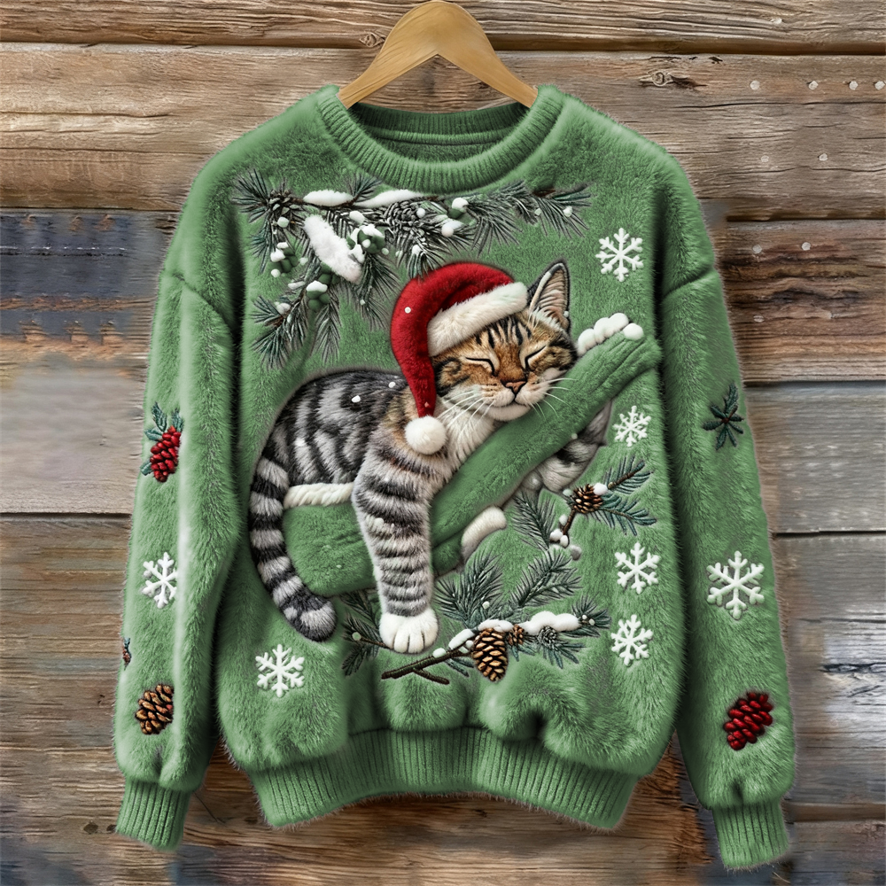 Festive Cat | Cat Christmas Sweater with 3D Appliqué – Cozy Design for Holiday Cheer