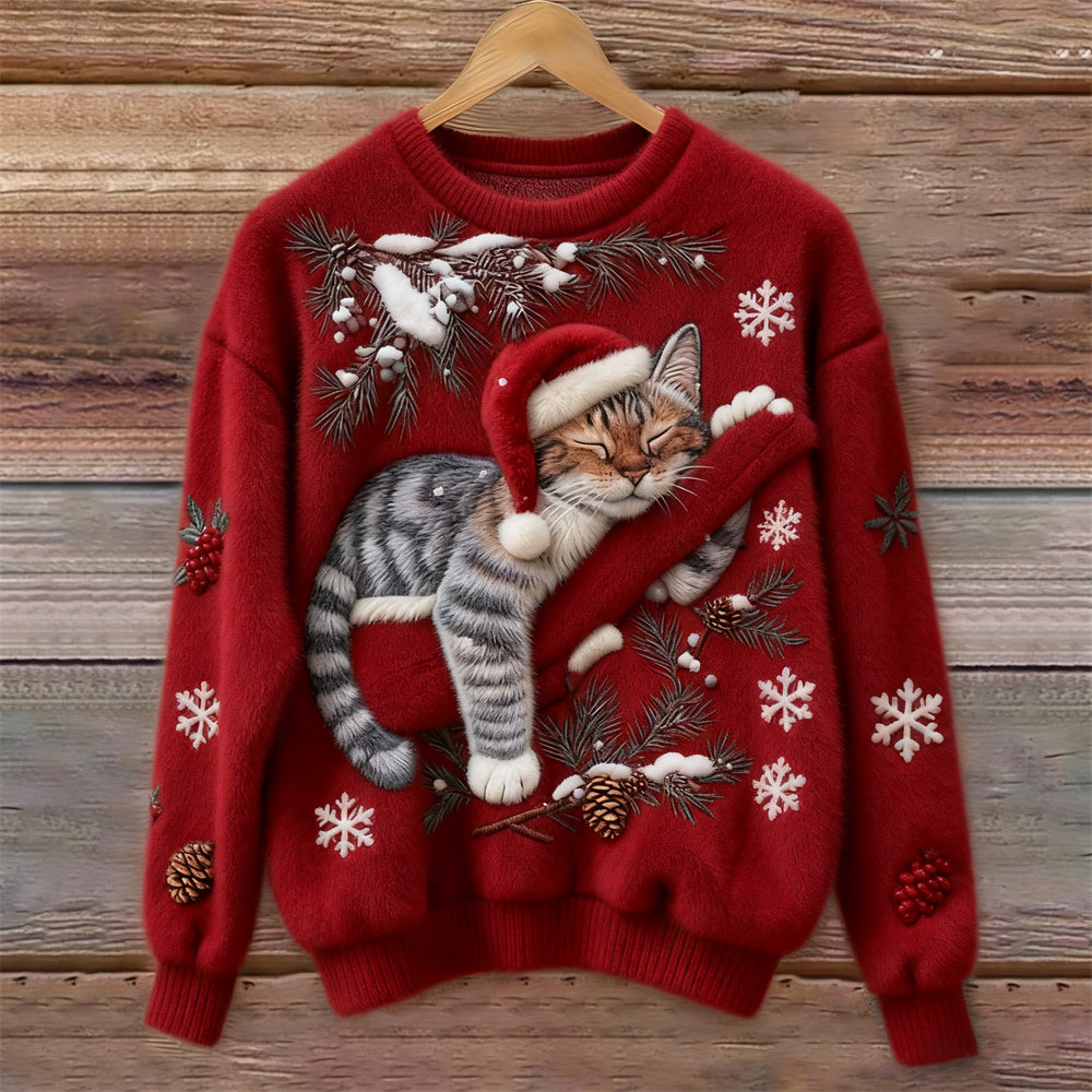 Festive Cat | Cat Christmas Sweater with 3D Appliqué – Cozy Design for Holiday Cheer