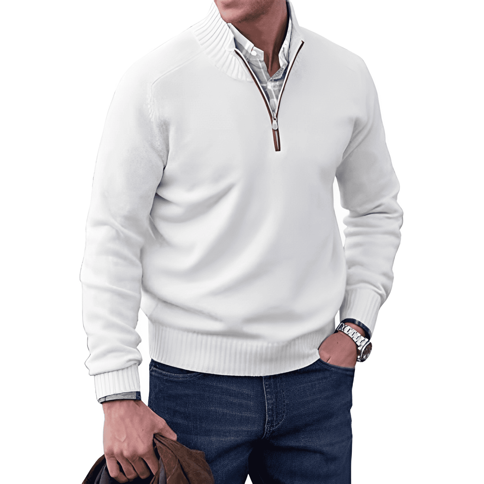 Men's Cotton Jumper with Quarter-Zip - Knitwear