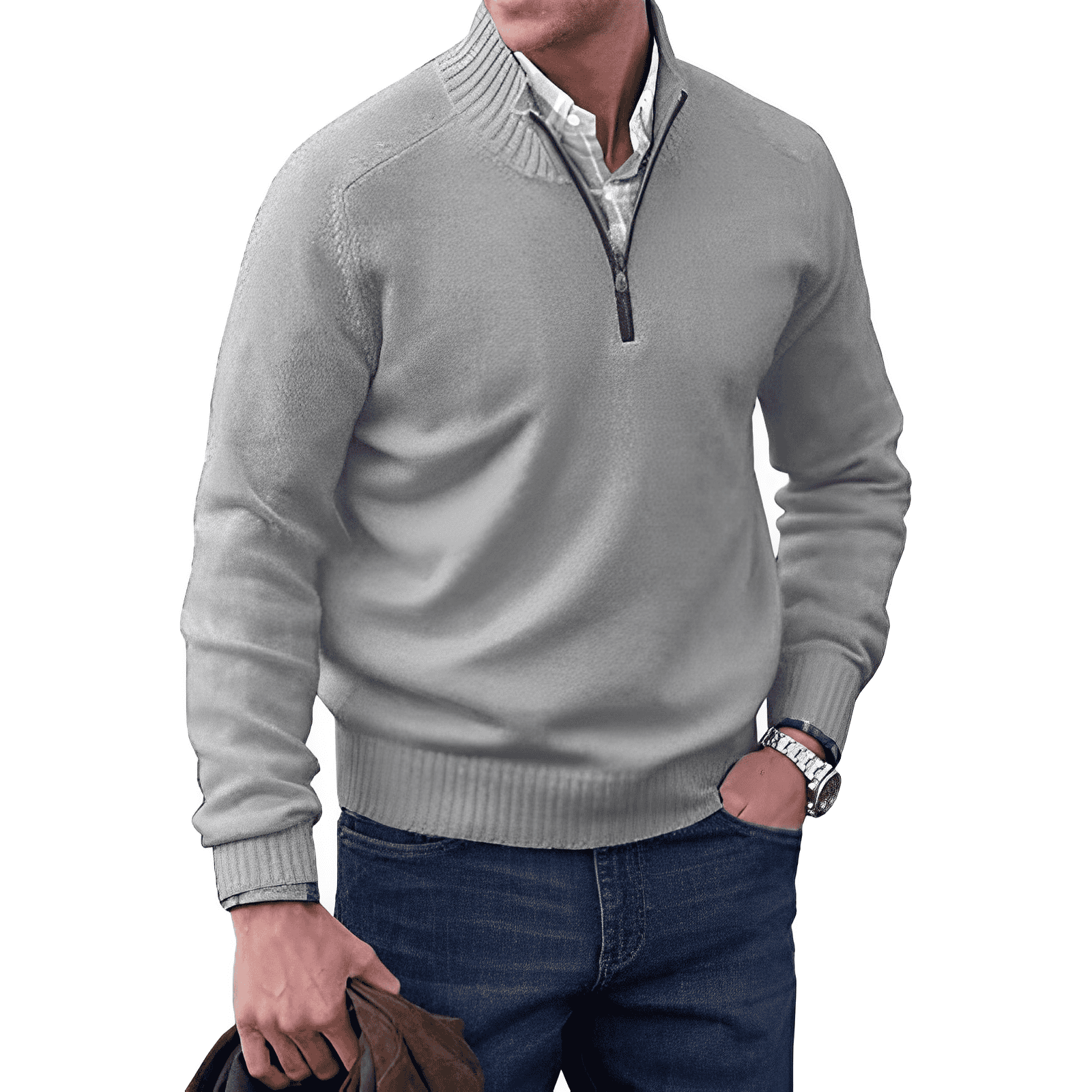 Men's Cotton Jumper with Quarter-Zip - Knitwear