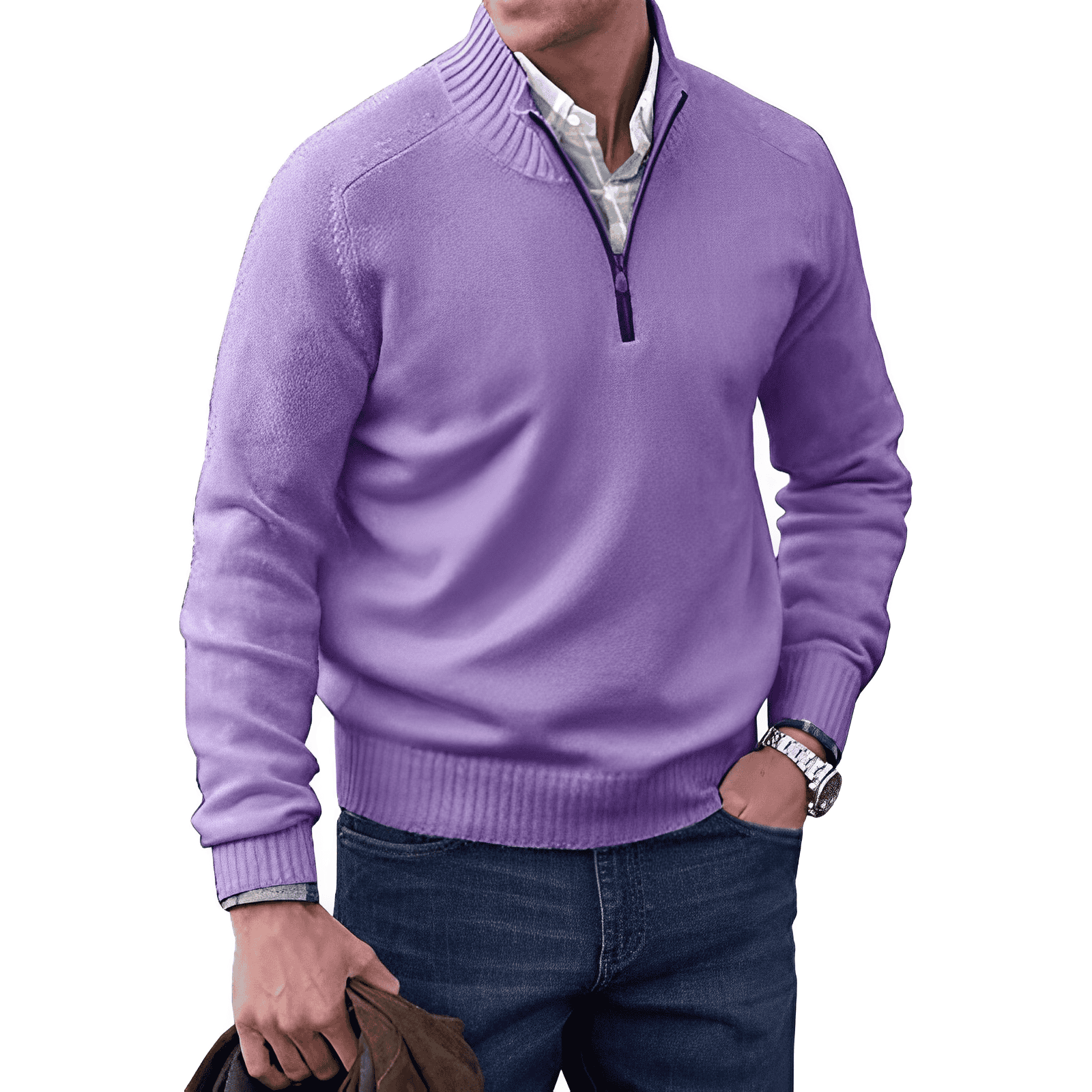 Men's Cotton Jumper with Quarter-Zip - Knitwear