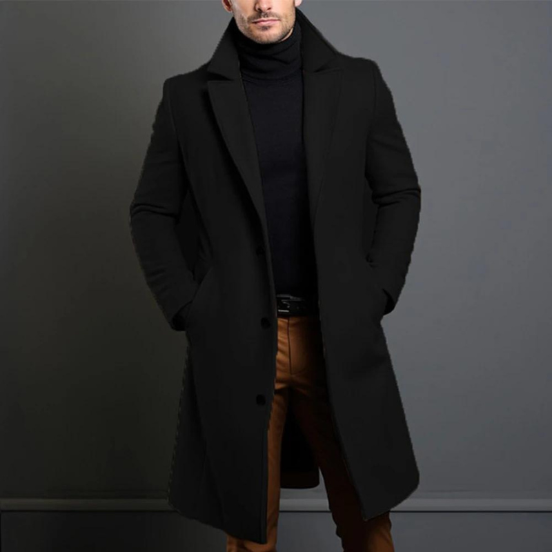 Men's Long Elegant Single-Breasted Wool Coat