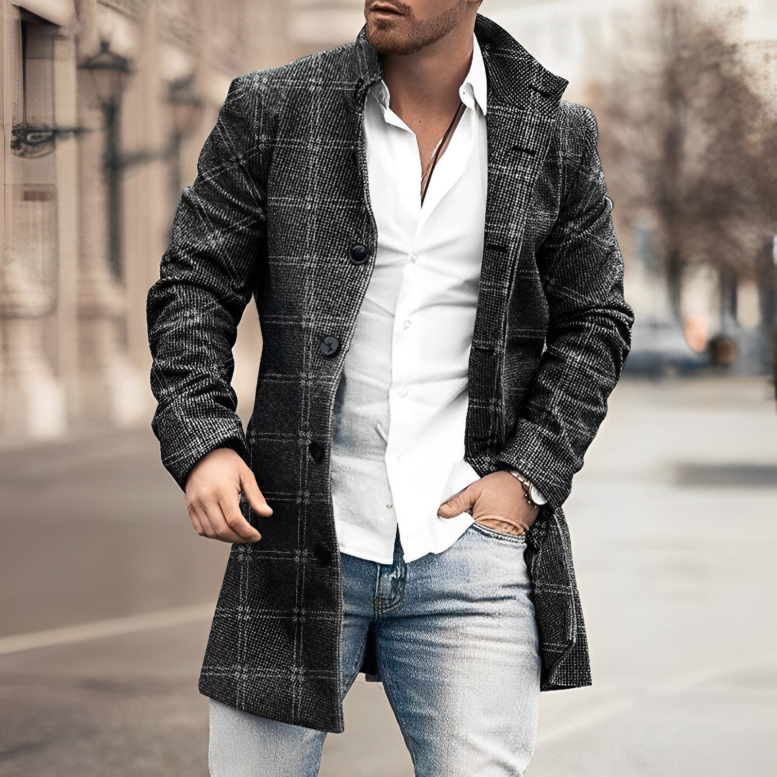 Men's Stylish Wool Plaid Overcoat – with Button Front