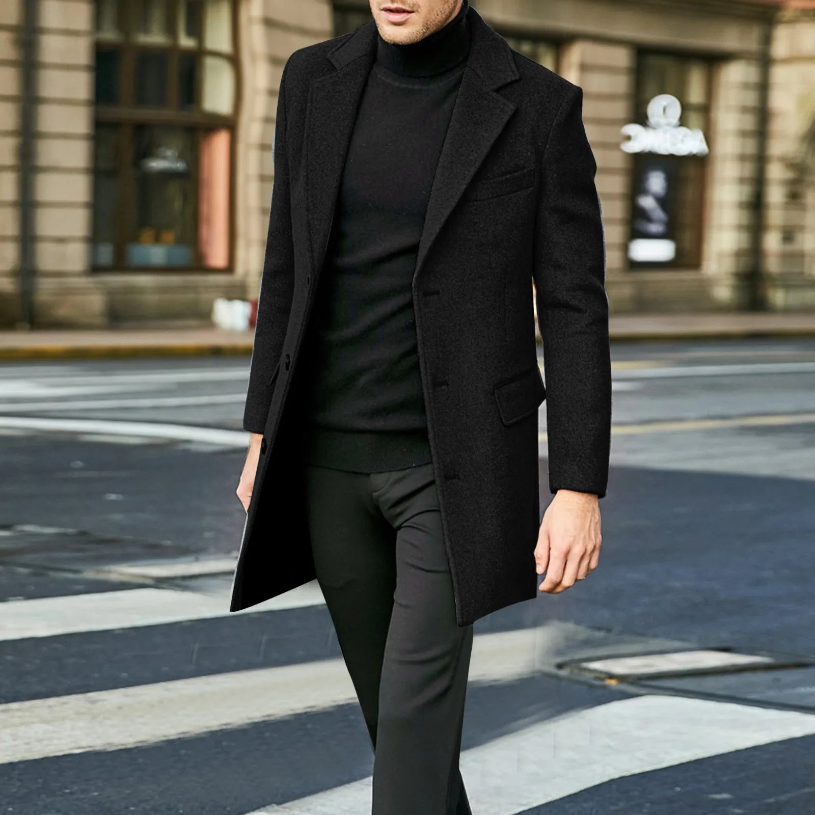 Men's Tailored Overcoat with Notch Lapel – Single-Breasted Design