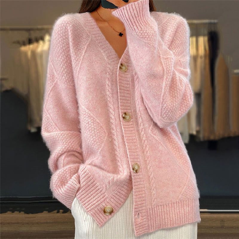 Women's V-Neck Cardigan - Diamond Knit Pattern