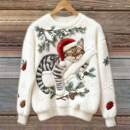 Festive Cat | Cat Christmas Sweater with 3D Appliqué – Cozy Design for Holiday Cheer