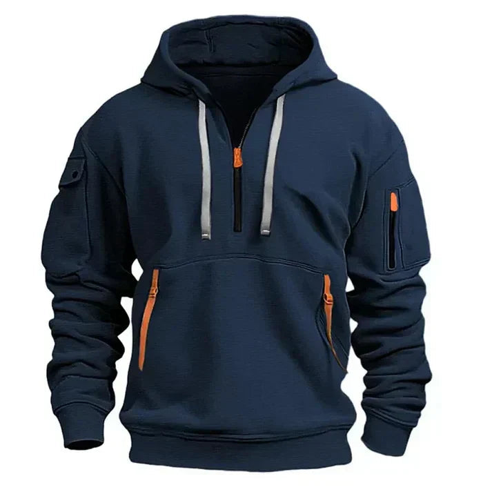Men's Zip Neck Hoodie with Pockets - Cotton