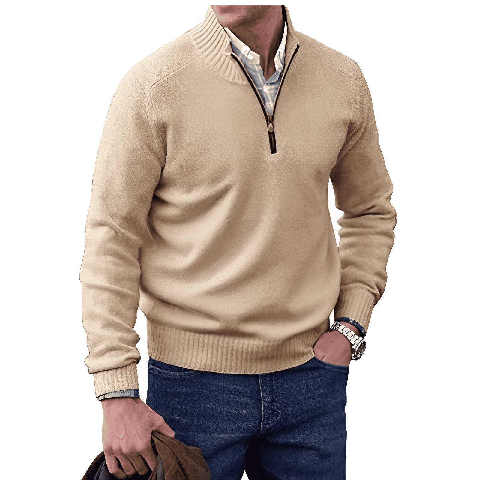 Men's Cotton Jumper with Quarter-Zip - Knitwear