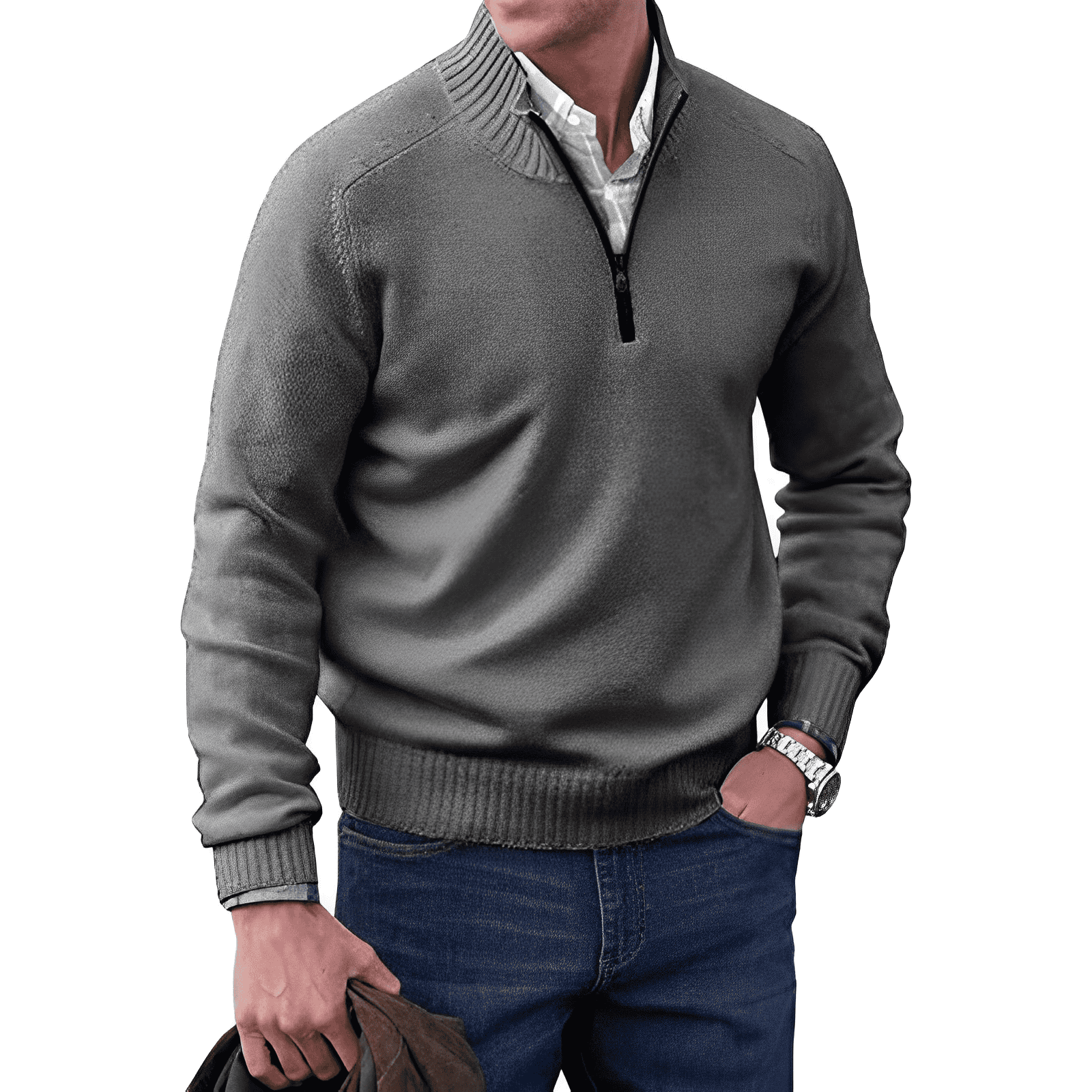 Men's Cotton Jumper with Quarter-Zip - Knitwear