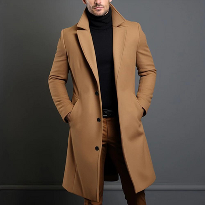 Men's Long Elegant Single-Breasted Wool Coat