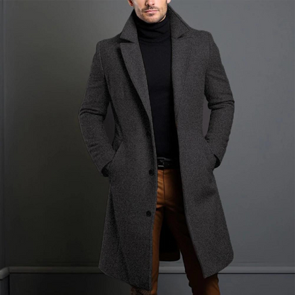 Men's Long Elegant Single-Breasted Wool Coat
