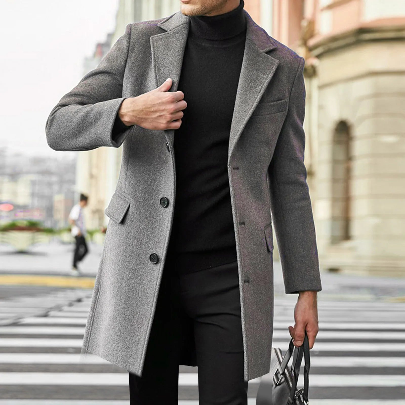 Men's Tailored Overcoat with Notch Lapel – Single-Breasted Design