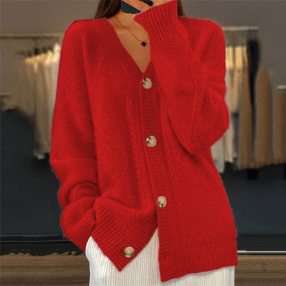 Women's V-Neck Cardigan - Diamond Knit Pattern
