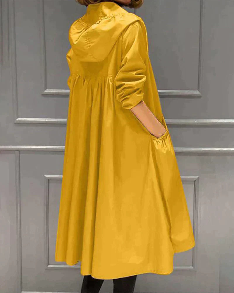 Women’s Knee-Length Waterproof Coat – Casual Hooded Jacket with Zip Front